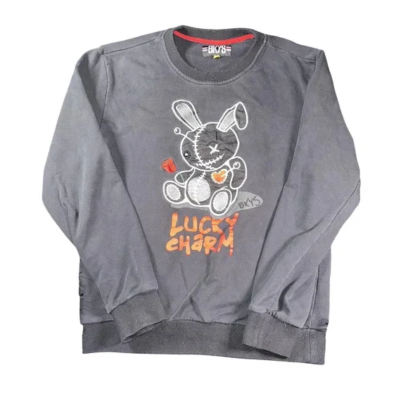BKYS Sweatshirt Mens Large Black Lucky Charm Bunny Graphic Pullover Crewneck - Picture 1 of 9